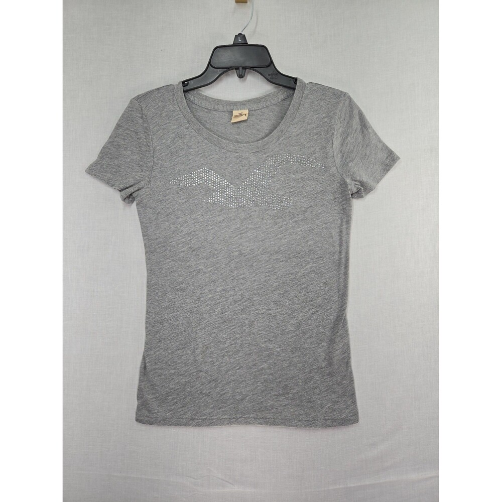 Y2K Hollister Grey T-Shirt Rhinestone Seagull Logo Women's Medium Bling Glam